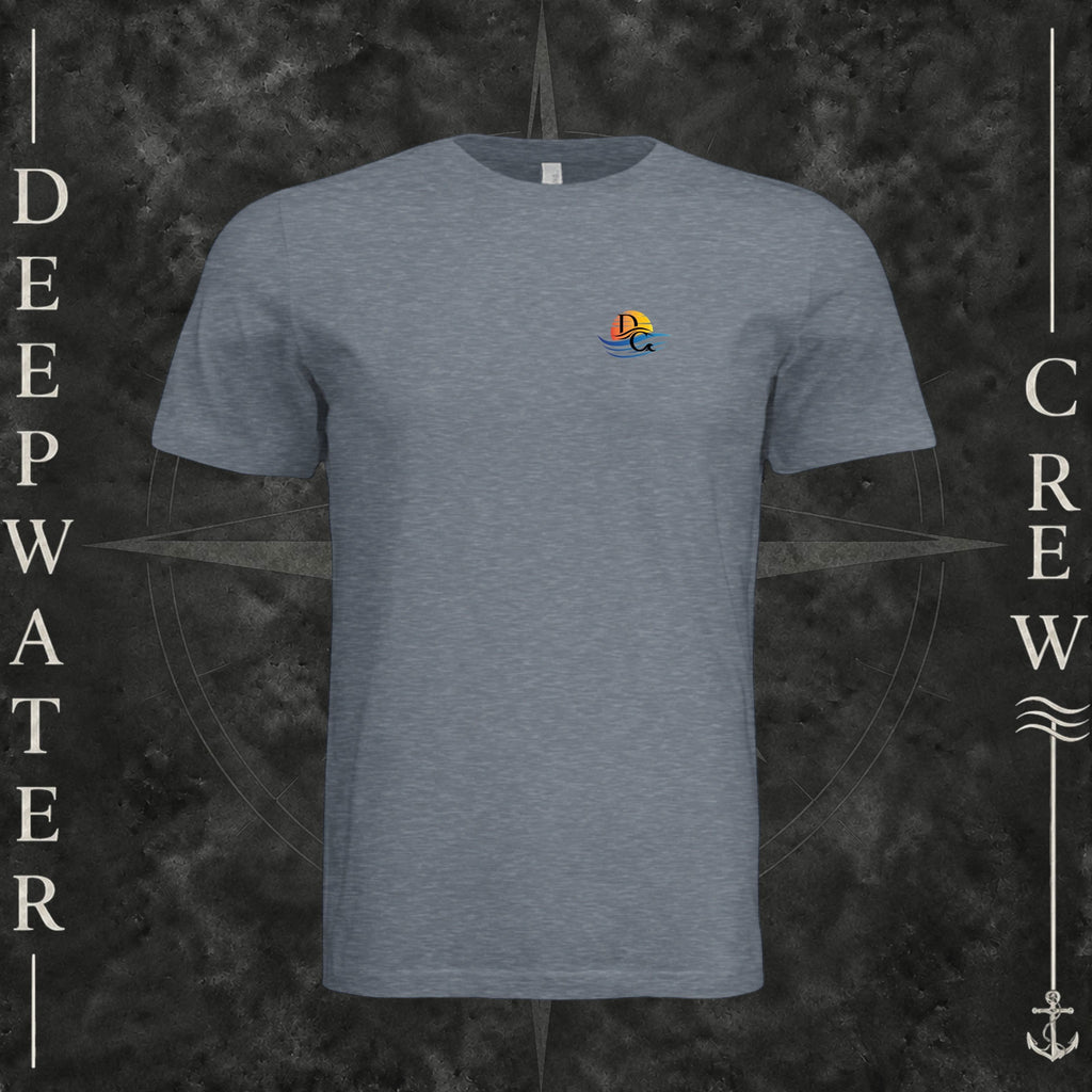 Vintage Denim Deepwater Crew Co. Called to Fish crewneck T-shirt, front view with small sunset-and-wave crest with DC logo.