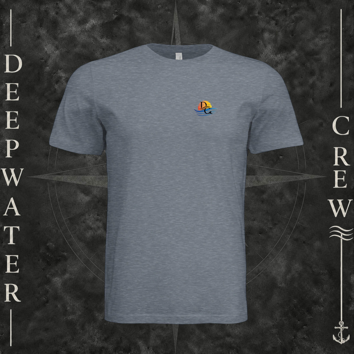 Vintage Denim Deepwater Crew Co. Called to Fish crewneck T-shirt, front view with small sunset-and-wave crest with DC logo.