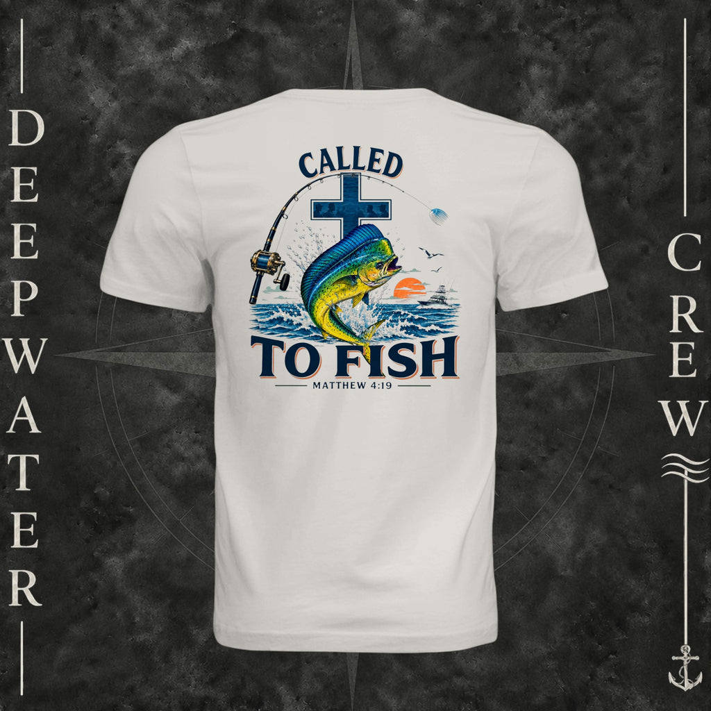 Vintage White Deepwater Crew Co. Called to Fish crewneck T-shirt, back view with cross, mahi-mahi, waves, offshore fishing elements, Matthew 4:19, and Called to Fish lettering.