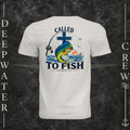 Vintage White Deepwater Crew Co. Called to Fish crewneck T-shirt, back view with cross, mahi-mahi, waves, offshore fishing elements, Matthew 4:19, and Called to Fish lettering.