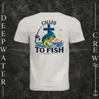 Vintage White Deepwater Crew Co. Called to Fish crewneck T-shirt, back view with cross, mahi-mahi, waves, offshore fishing elements, Matthew 4:19, and Called to Fish lettering.