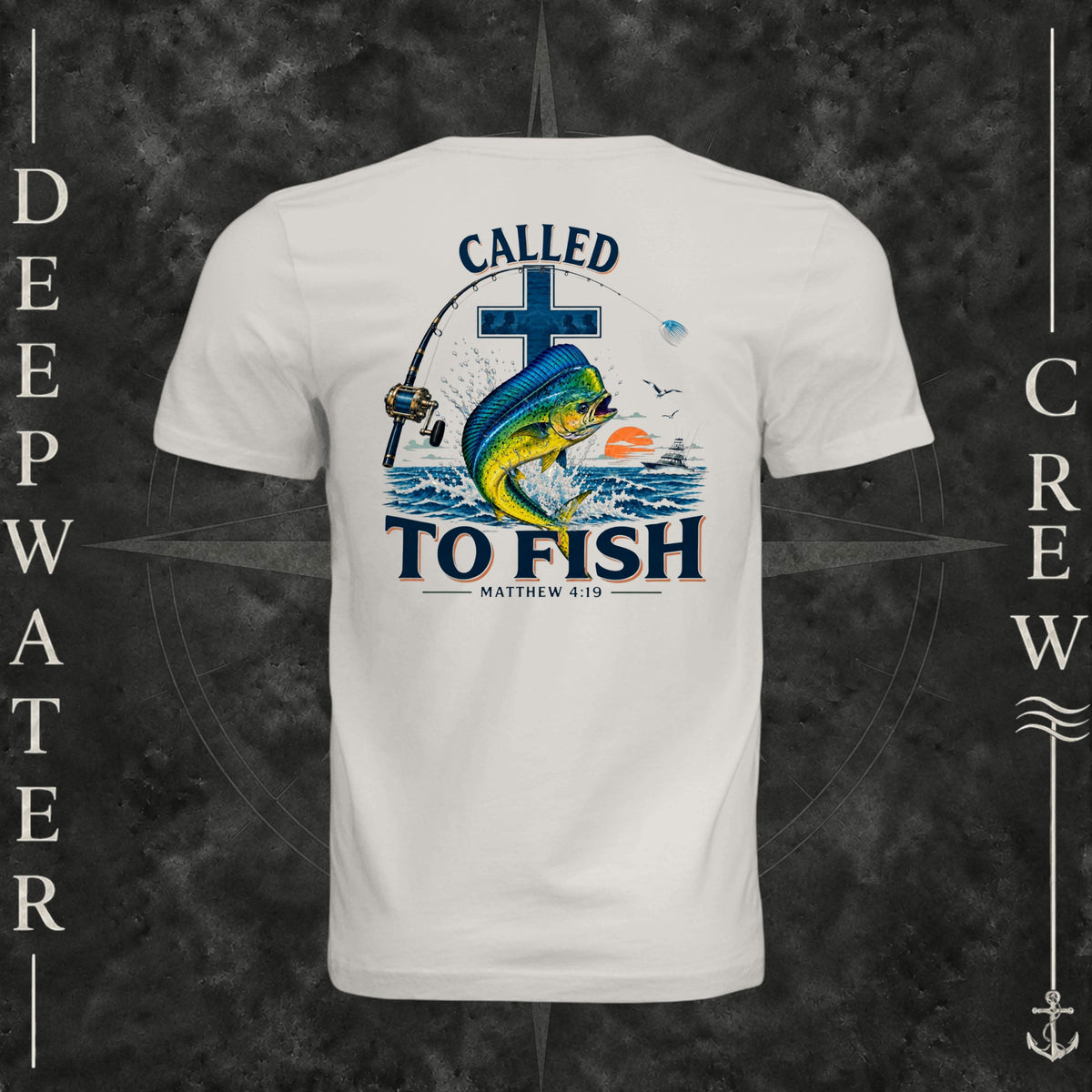 Vintage White Deepwater Crew Co. Called to Fish crewneck T-shirt, back view with cross, mahi-mahi, waves, offshore fishing elements, Matthew 4:19, and Called to Fish lettering.