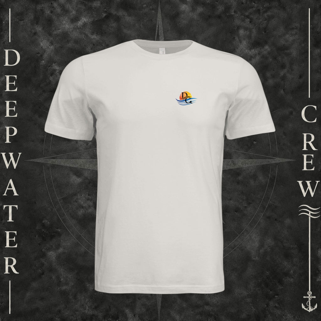 Vintage White Deepwater Crew Co. Called to Fish crewneck T-shirt, front view with small sunset-and-wave crest with DC logo.