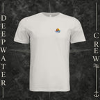 Vintage White Deepwater Crew Co. Called to Fish crewneck T-shirt, front view with small sunset-and-wave crest with DC logo.