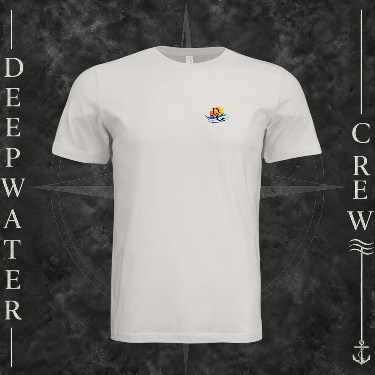 Vintage White Deepwater Crew Co. Called to Fish crewneck T-shirt, front view with small sunset-and-wave crest with DC logo.