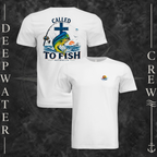 White Deepwater Crew Co. Called to Fish T-shirt showing front and back views with small sunset-and-wave crest with DC logo and Matthew 4:19 mahi-and-cross back graphic.
