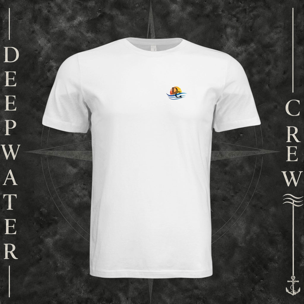 White Deepwater Crew Co. Called to Fish crewneck T-shirt, front view with small sunset-and-wave crest with DC logo.