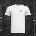 White Deepwater Crew Co. Called to Fish crewneck T-shirt, front view with small sunset-and-wave crest with DC logo.