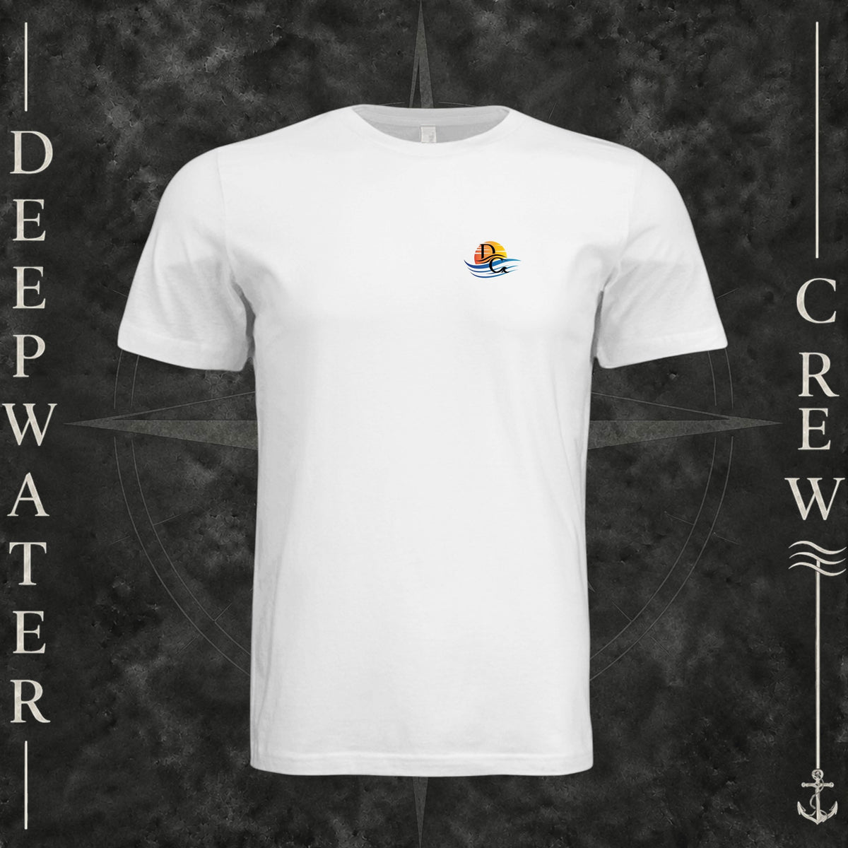 White Deepwater Crew Co. Called to Fish crewneck T-shirt, front view with small sunset-and-wave crest with DC logo.