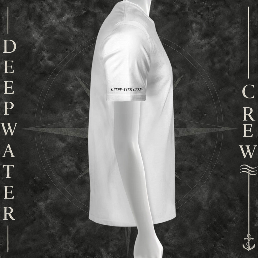 White Deepwater Crew Co. Called to Fish T-shirt, right-side view showing Deepwater Crew sleeve print.