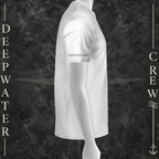 White Deepwater Crew Co. Called to Fish T-shirt, right-side view showing Deepwater Crew sleeve print.
