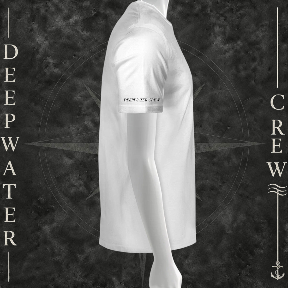 White Deepwater Crew Co. Called to Fish T-shirt, right-side view showing Deepwater Crew sleeve print.