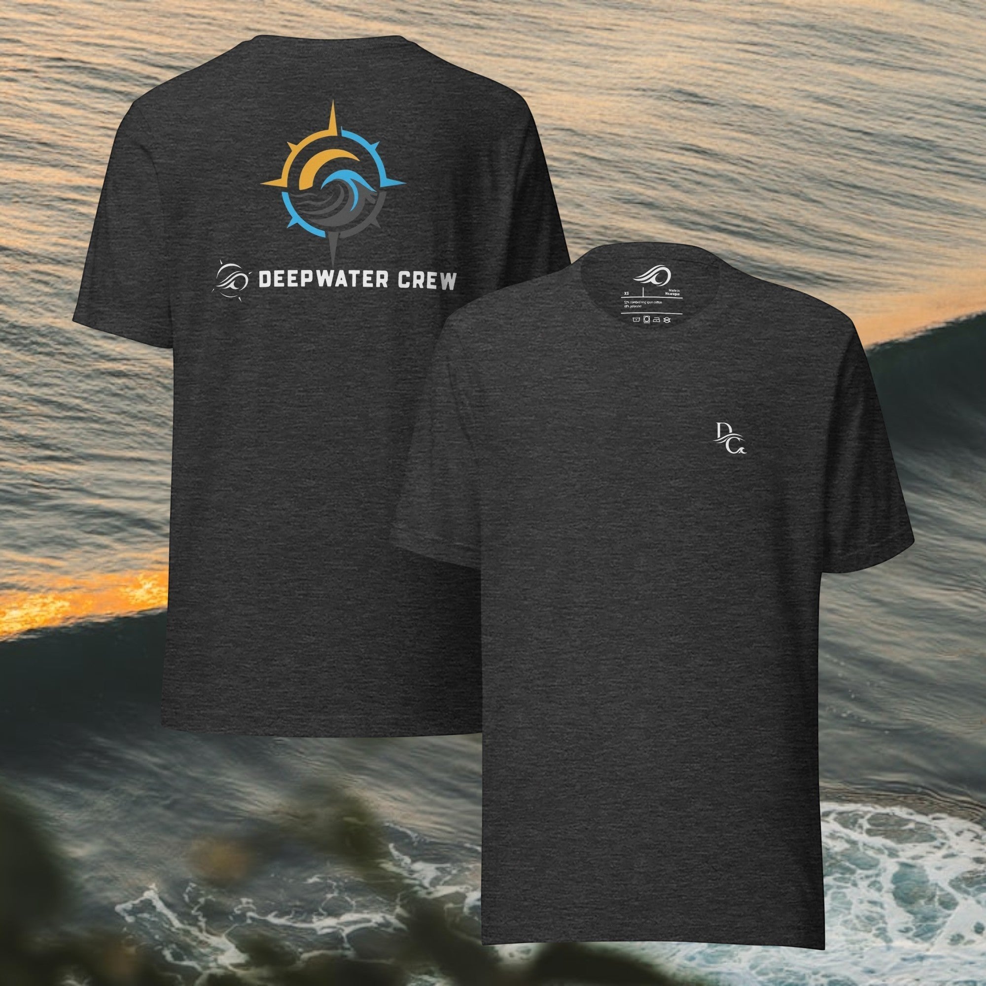 Deepwater Crew Co. charcoal grey cotton crew neck t-shirt with front logo and large back compass ocean graphic