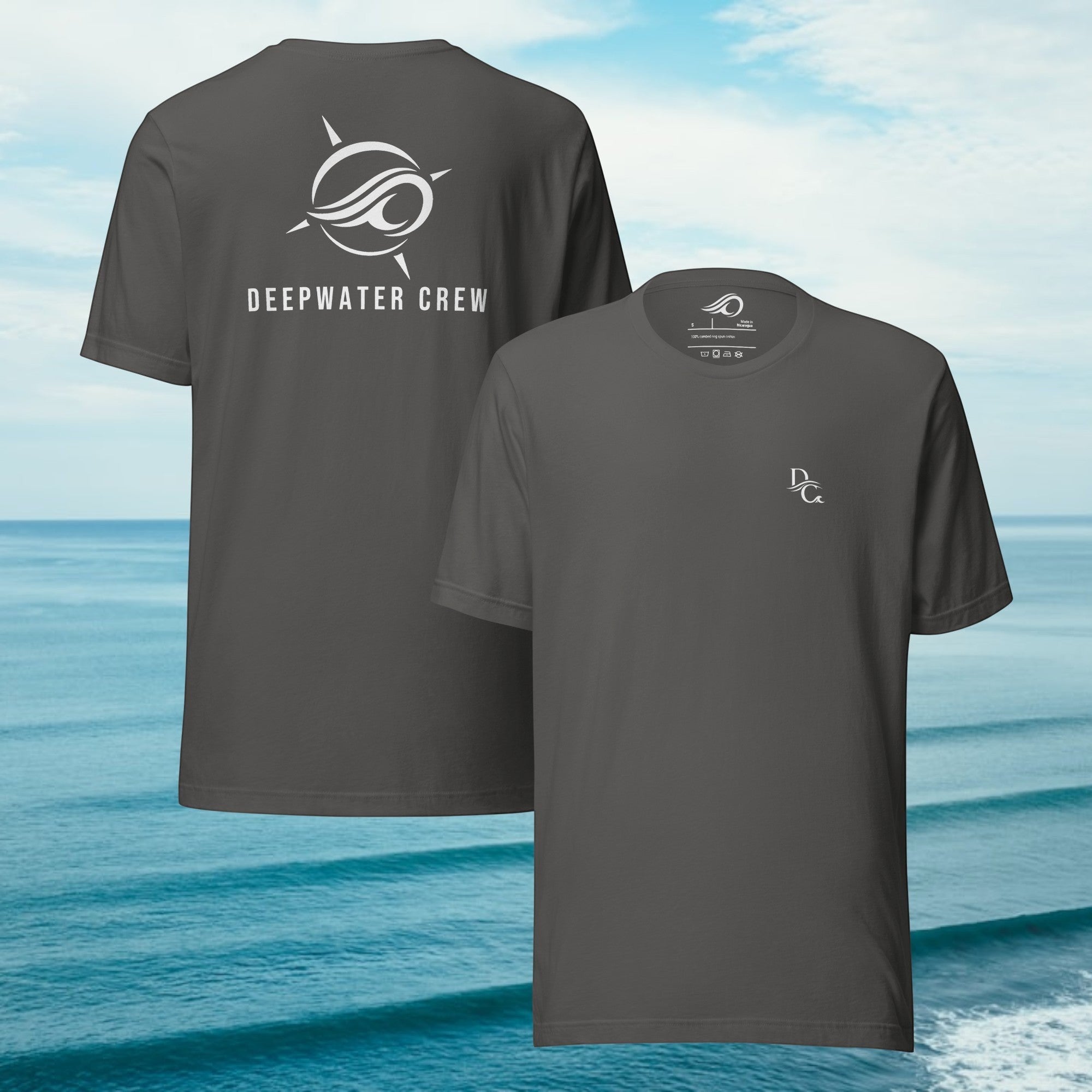 Deepwater Crew Co. charcoal grey cotton t-shirt with small front logo and large back graphic against ocean background