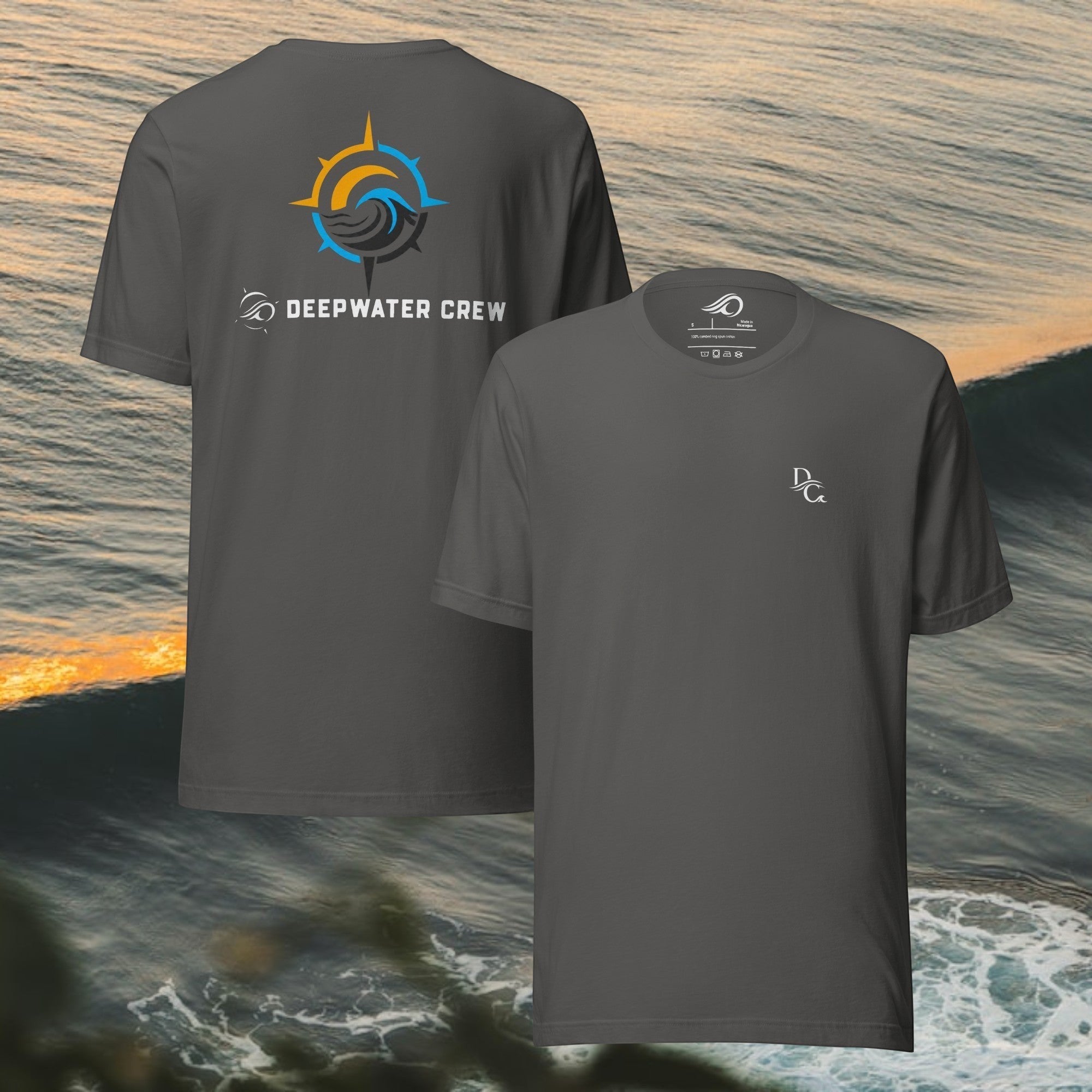 Deepwater Crew Co. charcoal grey cotton t-shirt with a small front logo and a large nautical compass back graphic.