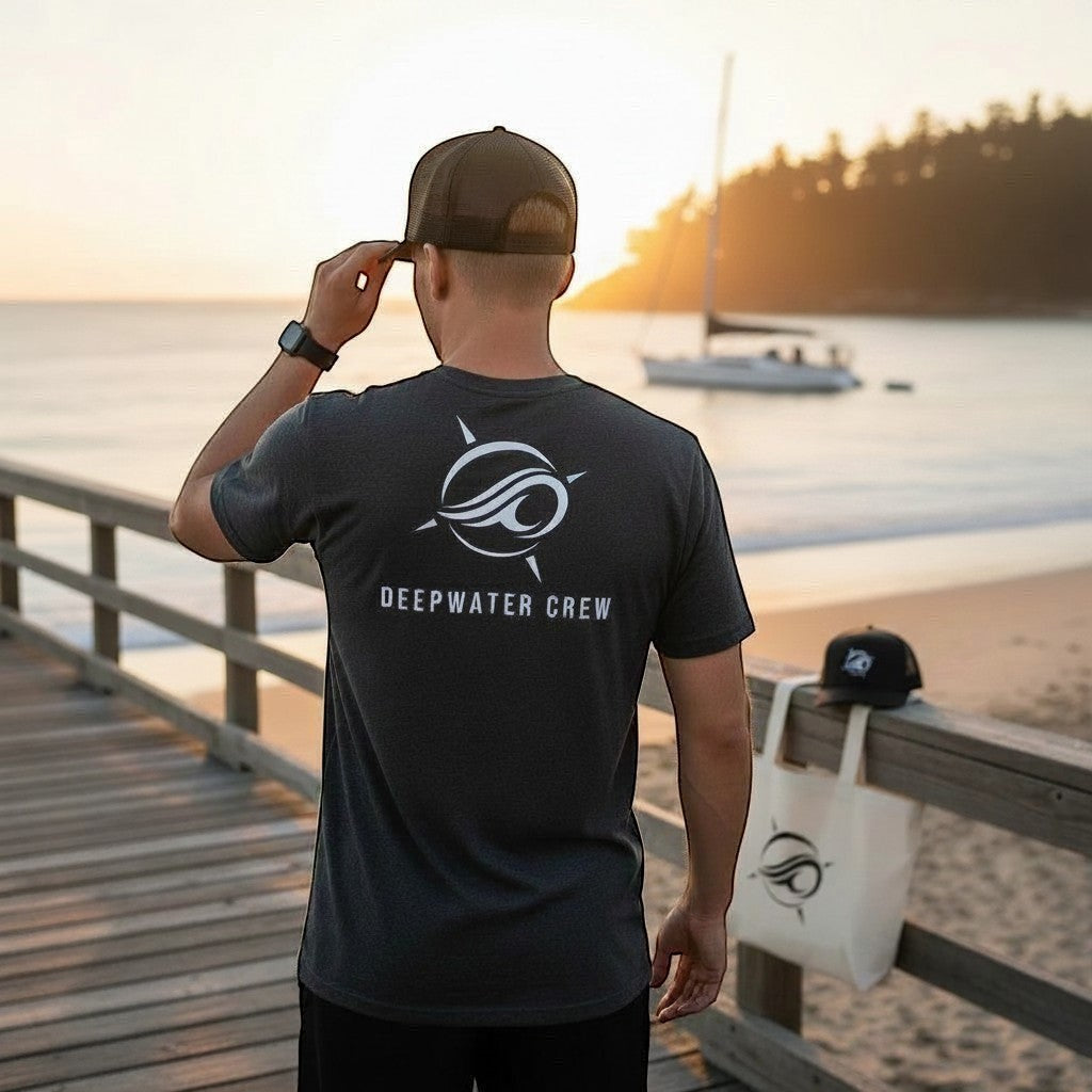 Deepwater Crew Co. charcoal grey cotton t-shirt with white logo graphic on back, worn by a man on a wooden pier.