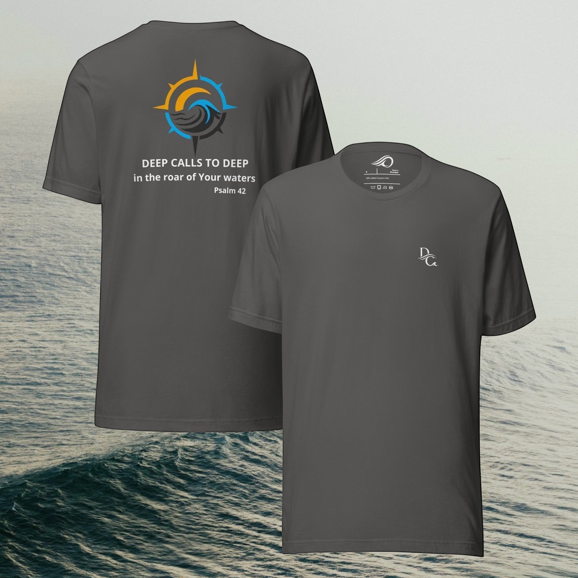 Deepwater Crew Co. charcoal grey cotton t-shirt featuring a small front logo and a compass graphic on the back.
