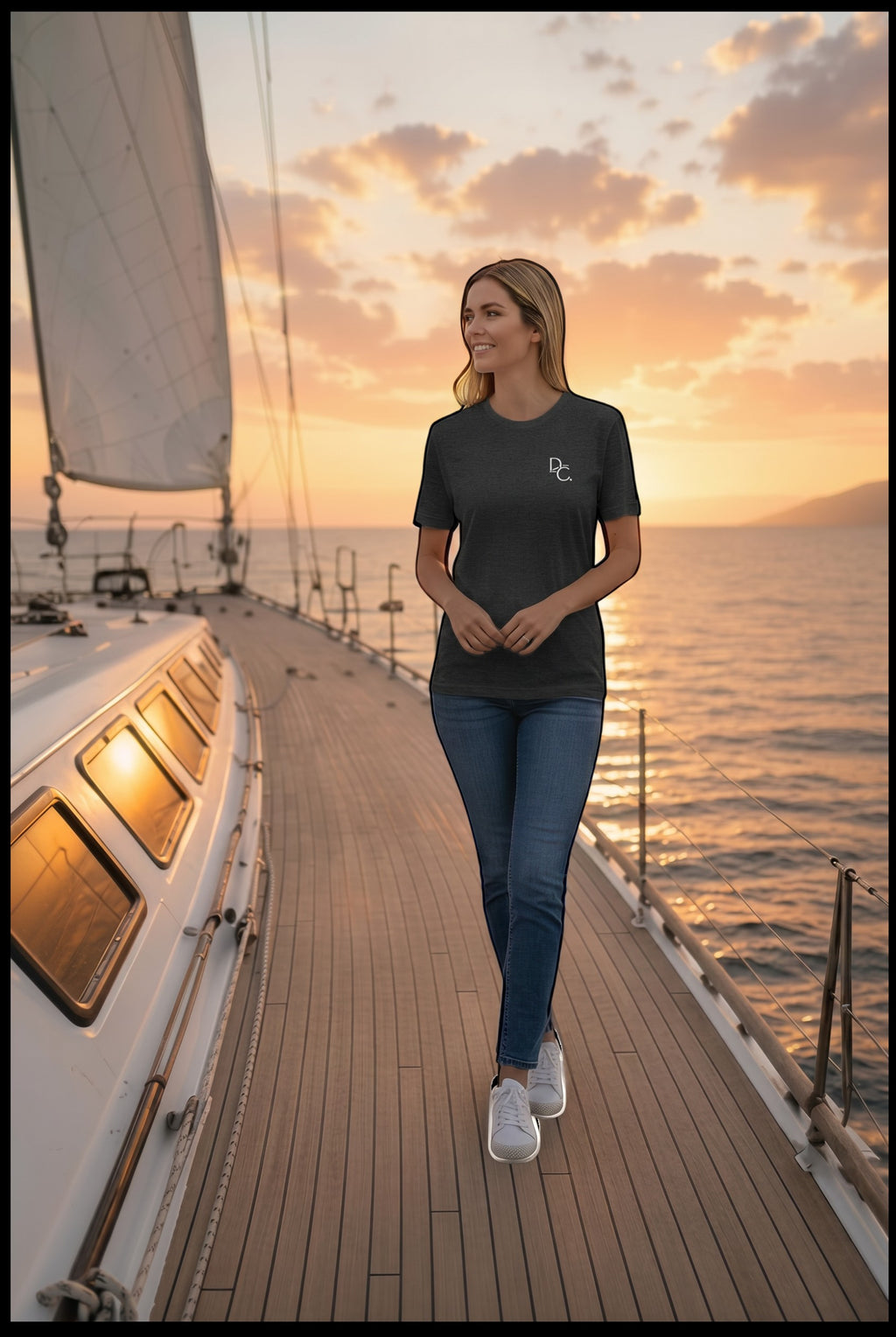 Woman wearing a Deepwater Crew Co. charcoal grey cotton t-shirt with a small logo, walking on a sailboat at sunset.
