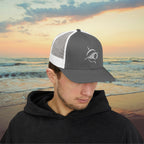 Deepwater Crew Co. charcoal grey trucker hat with white mesh back and embroidered wave logo. Adjustable snapback.