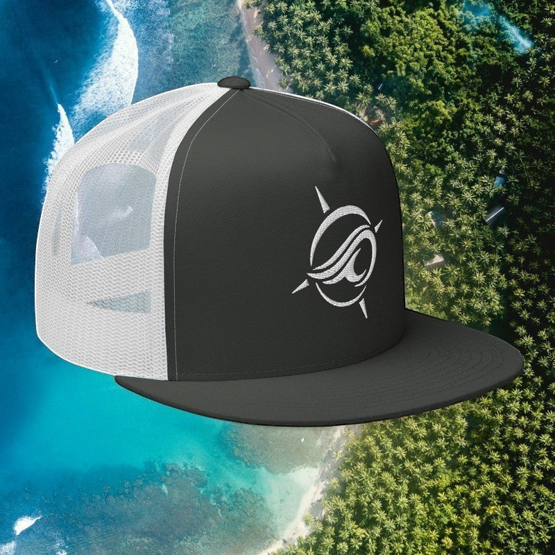 Deepwater Crew Co. charcoal and white 5-panel trucker cap with an embroidered wave-and-compass logo and flat bill.