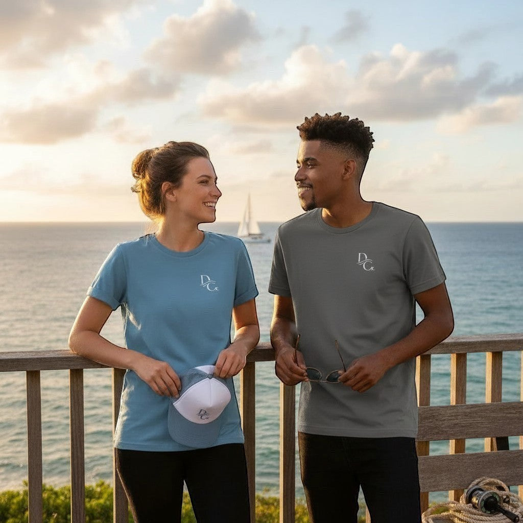 Deepwater Crew Co. models wearing blue and grey cotton crew neck t-shirts with logo on a wooden deck by the ocean.