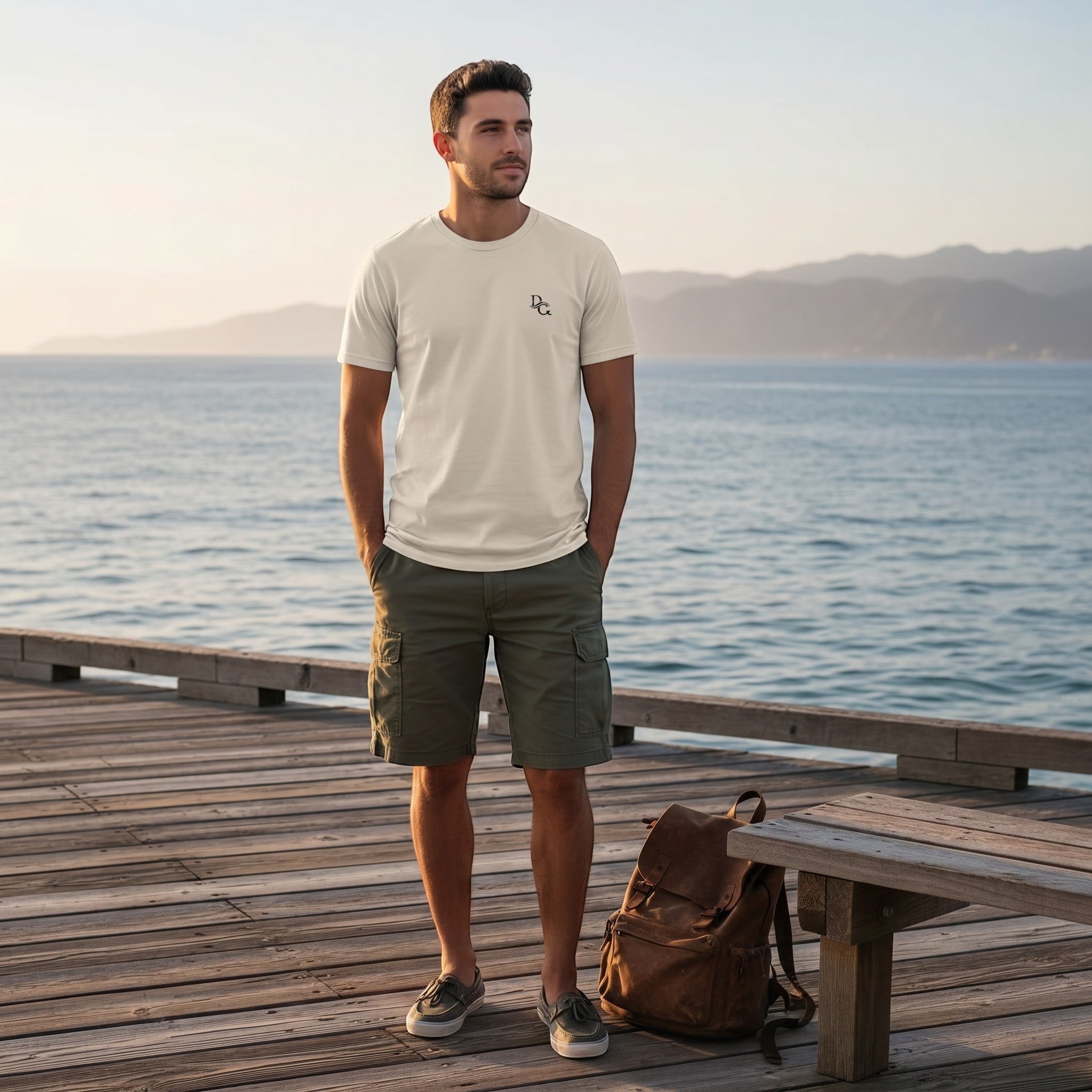 Deepwater Crew Co. man wearing a cream cotton crew neck t-shirt with a small logo on a wooden pier by the ocean.