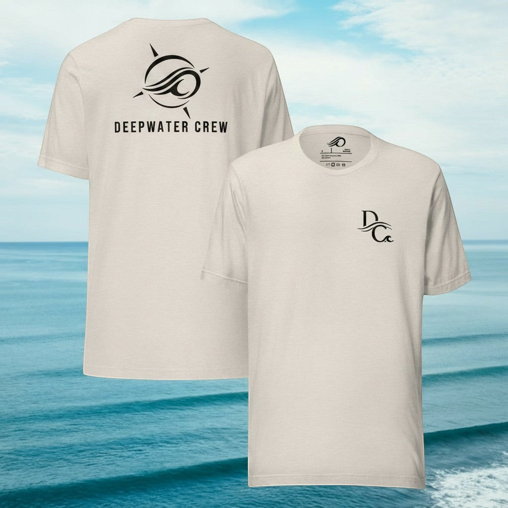 Deepwater Crew Co. cream 100% cotton t-shirt with a small logo on the chest and a large graphic on the back.