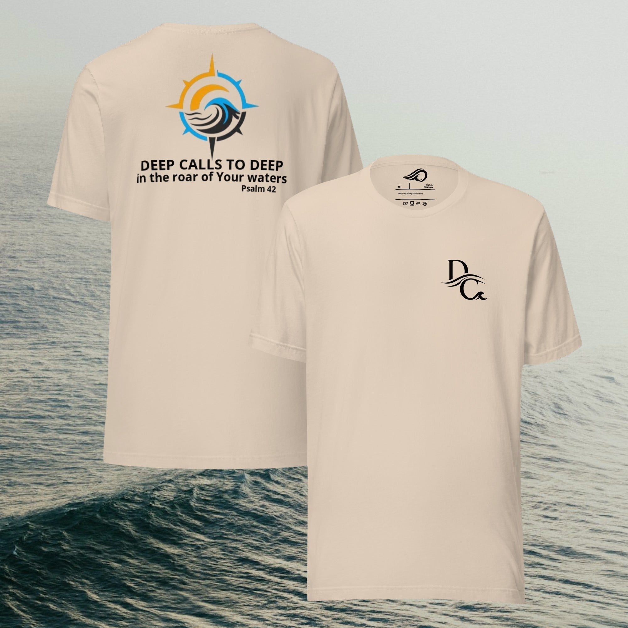 Deepwater Crew Co. cream 100% cotton t-shirt with 'DEEP CALLS TO DEEP' graphic on back and logo on front.