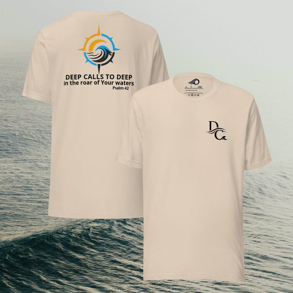 Deepwater Crew Co. cream 100% cotton t-shirt with 'DEEP CALLS TO DEEP' graphic on back and logo on front.