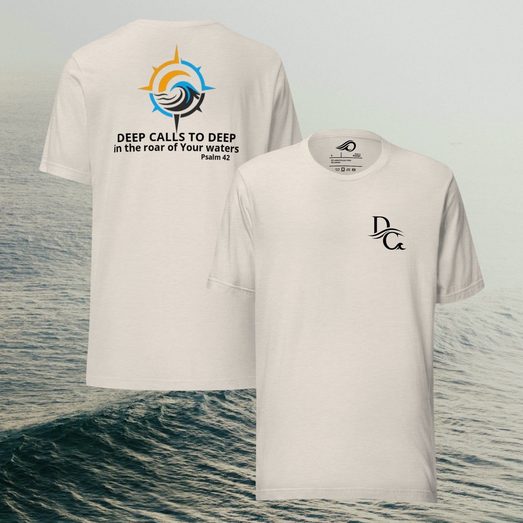Deepwater Crew Co. cream 100% cotton t-shirt with a small logo on the chest and a large graphic on the back.
