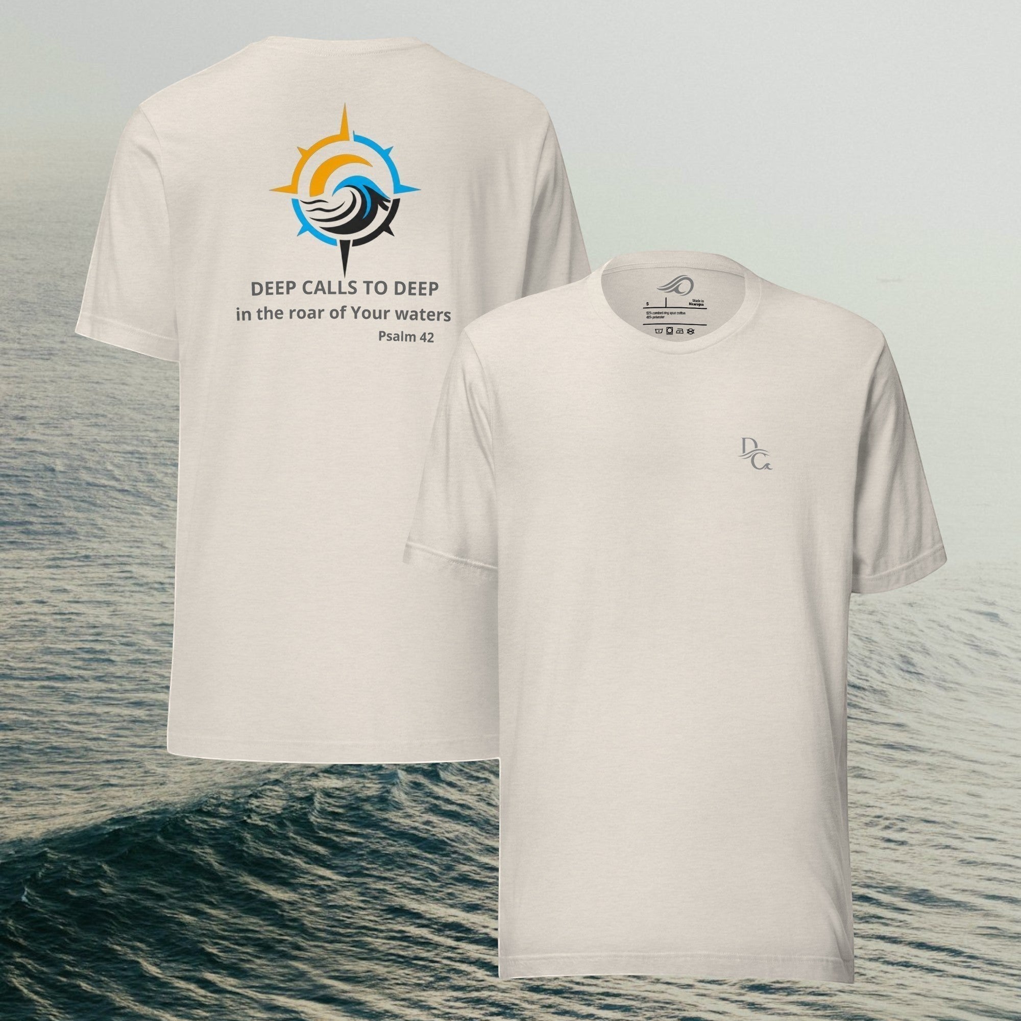 Deepwater Crew Co. cream cotton crew neck t-shirt with front logo and back compass graphic over ocean background