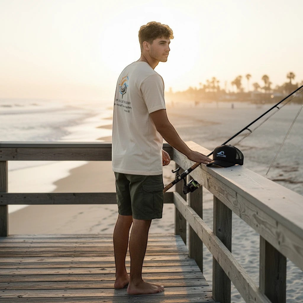 Deepwater Crew Co. cream cotton t-shirt with back graphic, worn by a man fishing on a wooden pier at sunset.