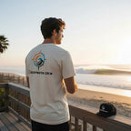 Deepwater Crew Co. cream cotton t-shirt with a colorful nautical compass logo on the back, worn by a man at the beach.
