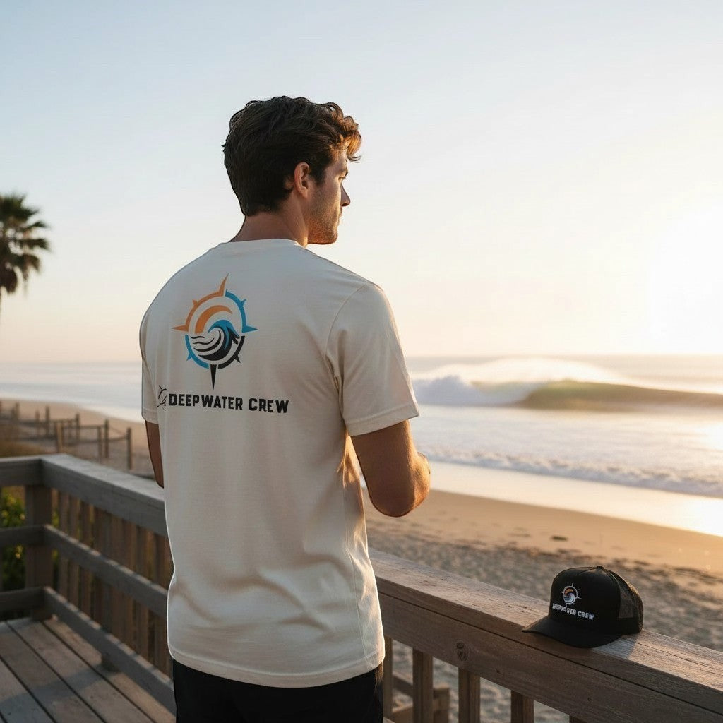Deepwater Crew Co. cream cotton t-shirt with a colorful nautical compass logo on the back, worn by a man at the beach.