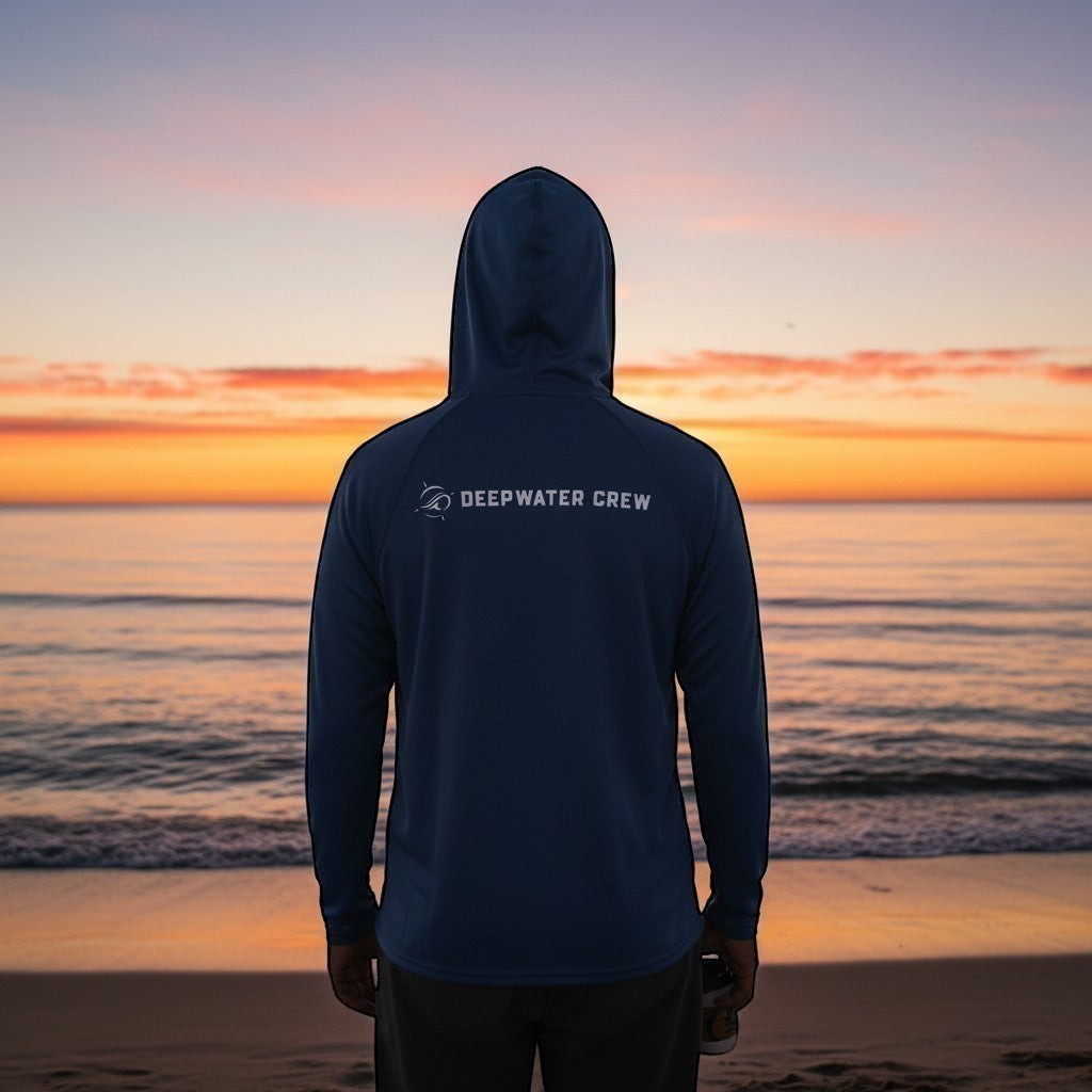 Deepwater Crew Co. dark blue performance UPF hoodie with logo, worn by a person facing the ocean at sunset.