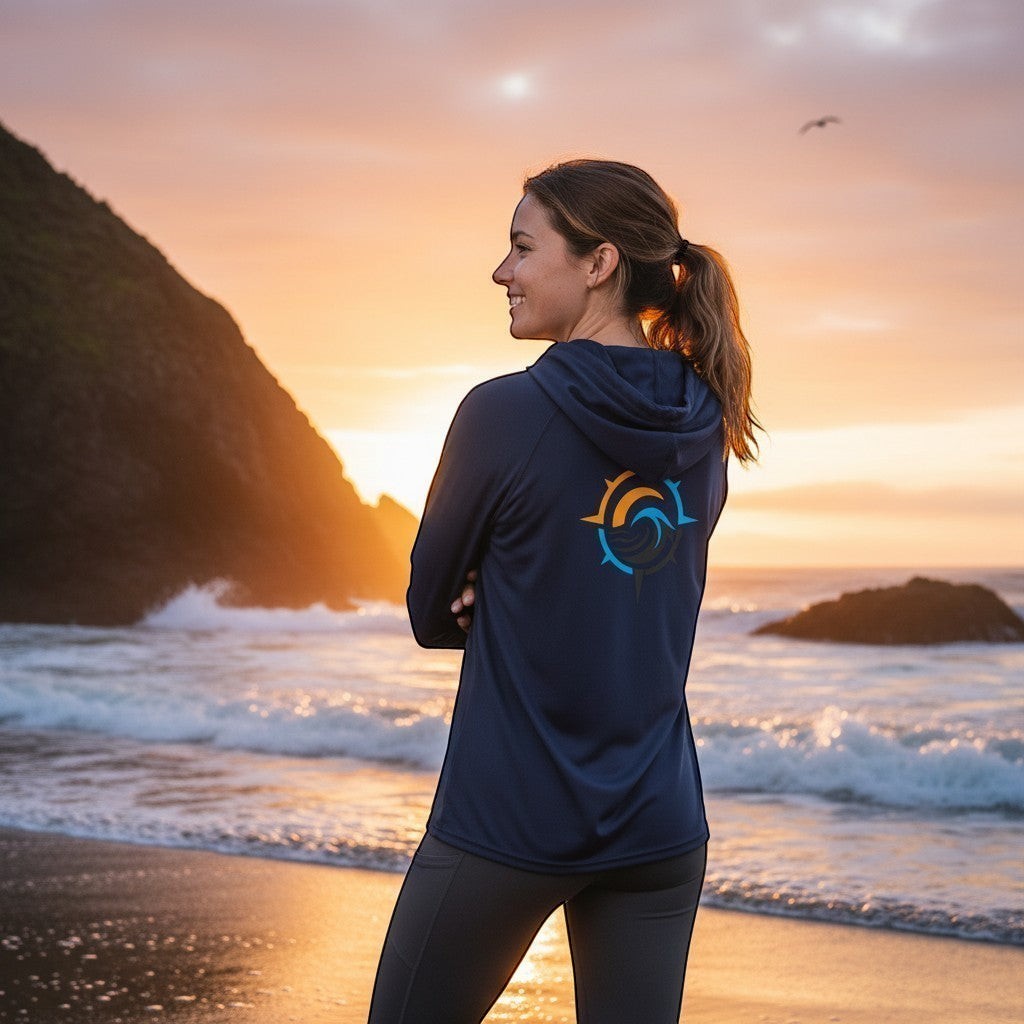 Deepwater Crew Co. dark blue performance UPF hoodie with back logo, worn by a woman on a beach at sunset.