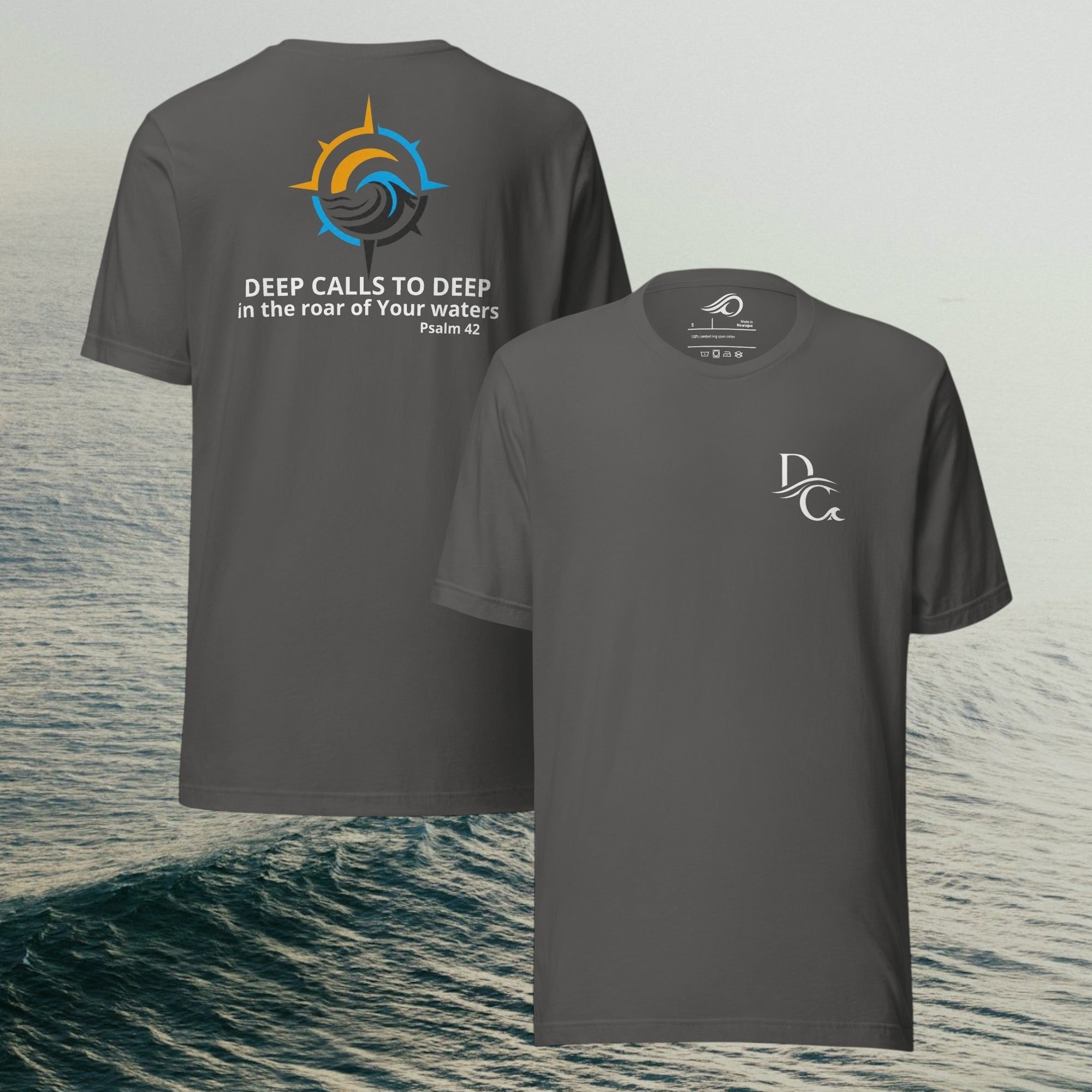 Deepwater Crew Co. dark grey 100% cotton t-shirt with a compass graphic and text on back.