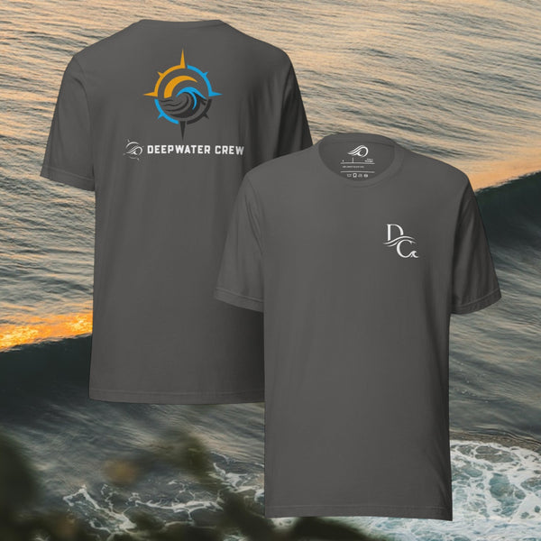 Deepwater Crew Co. dark grey 100% cotton crew neck t-shirt with DC logo on front and compass wave logo on back.