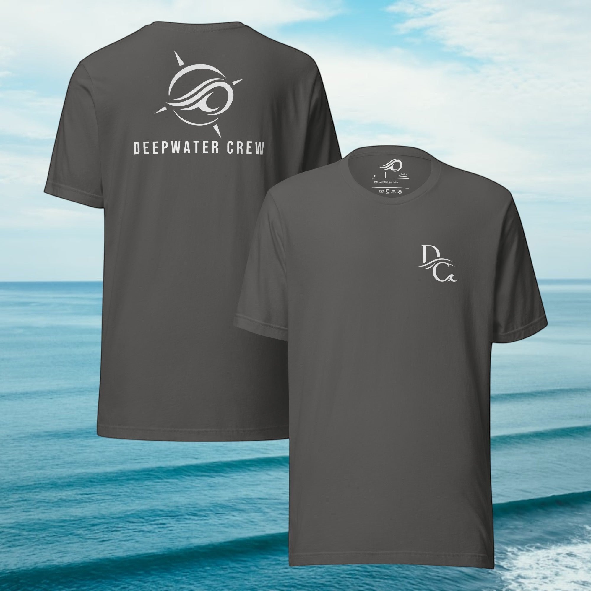 Deepwater Crew Co. dark grey 100% cotton crew neck t-shirt with white logo on front and back. Designed for everyday wear.