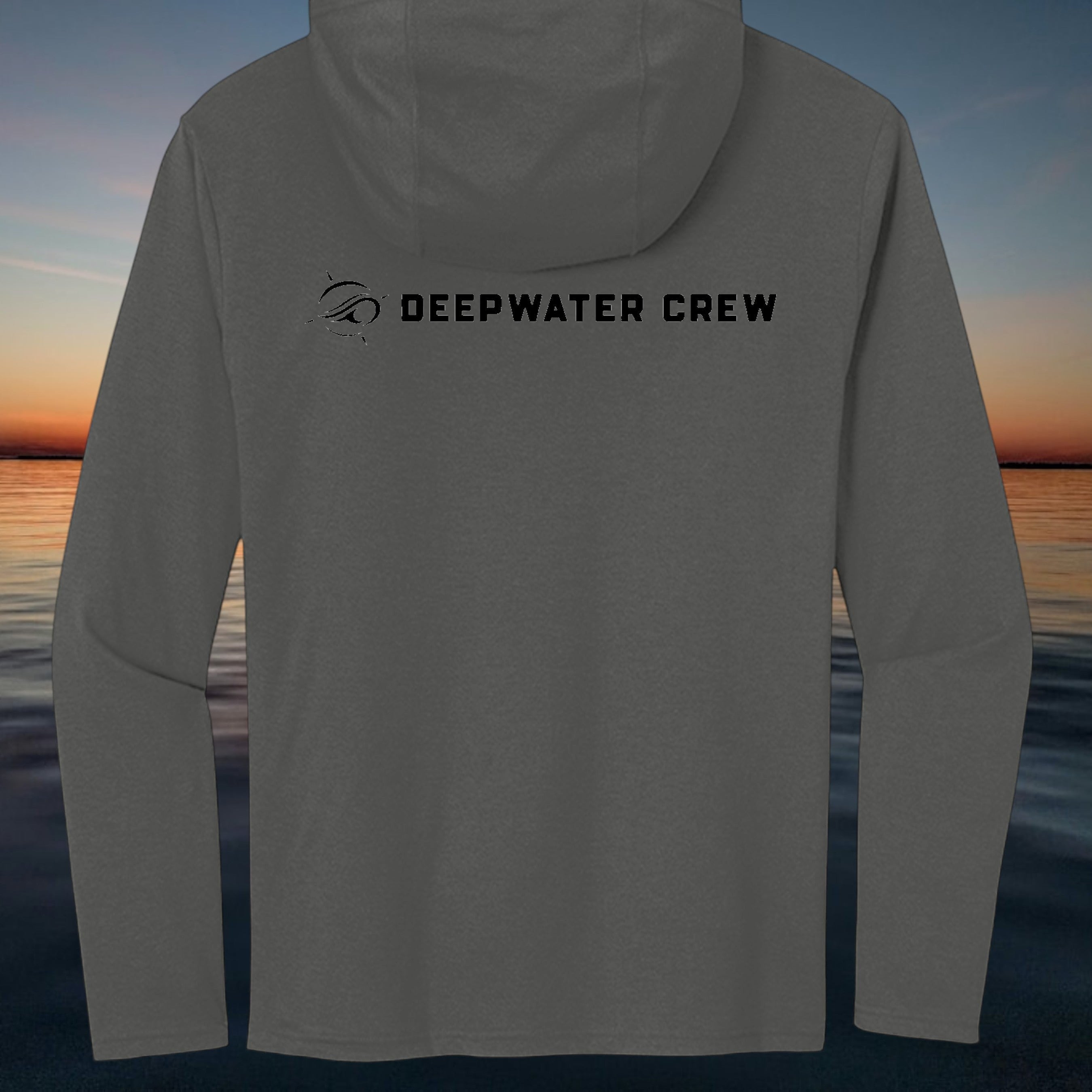 Deepwater Crew Co. dark grey tri-blend long sleeve hooded tee with DEEPWATER CREW logo on back.