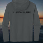 Deepwater Crew Co. dark grey tri-blend long-sleeve hooded tee with chest logo. Lightweight and breathable.
