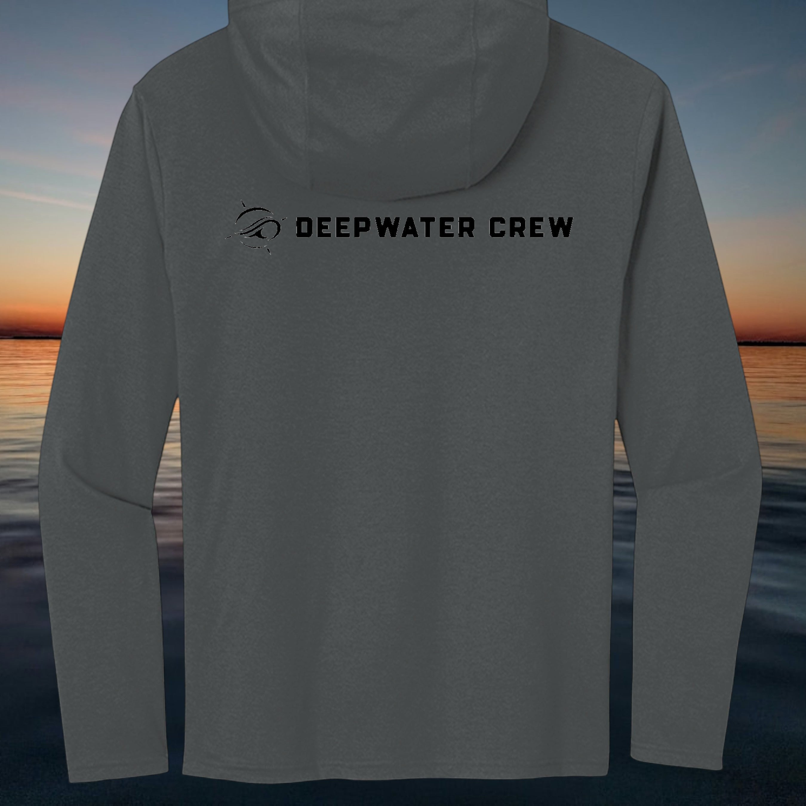 Deepwater Crew Co. dark grey tri-blend long-sleeve hooded tee with chest logo. Lightweight and breathable.