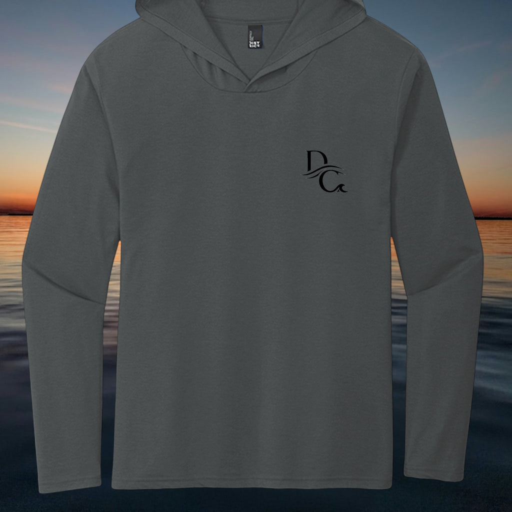 Deepwater Crew Co. dark grey tri-blend long-sleeve hooded tee with chest logo. Lightweight and breathable.