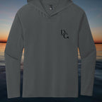 Deepwater Crew Co. dark grey tri-blend long-sleeve hooded tee with chest logo. Lightweight and breathable.