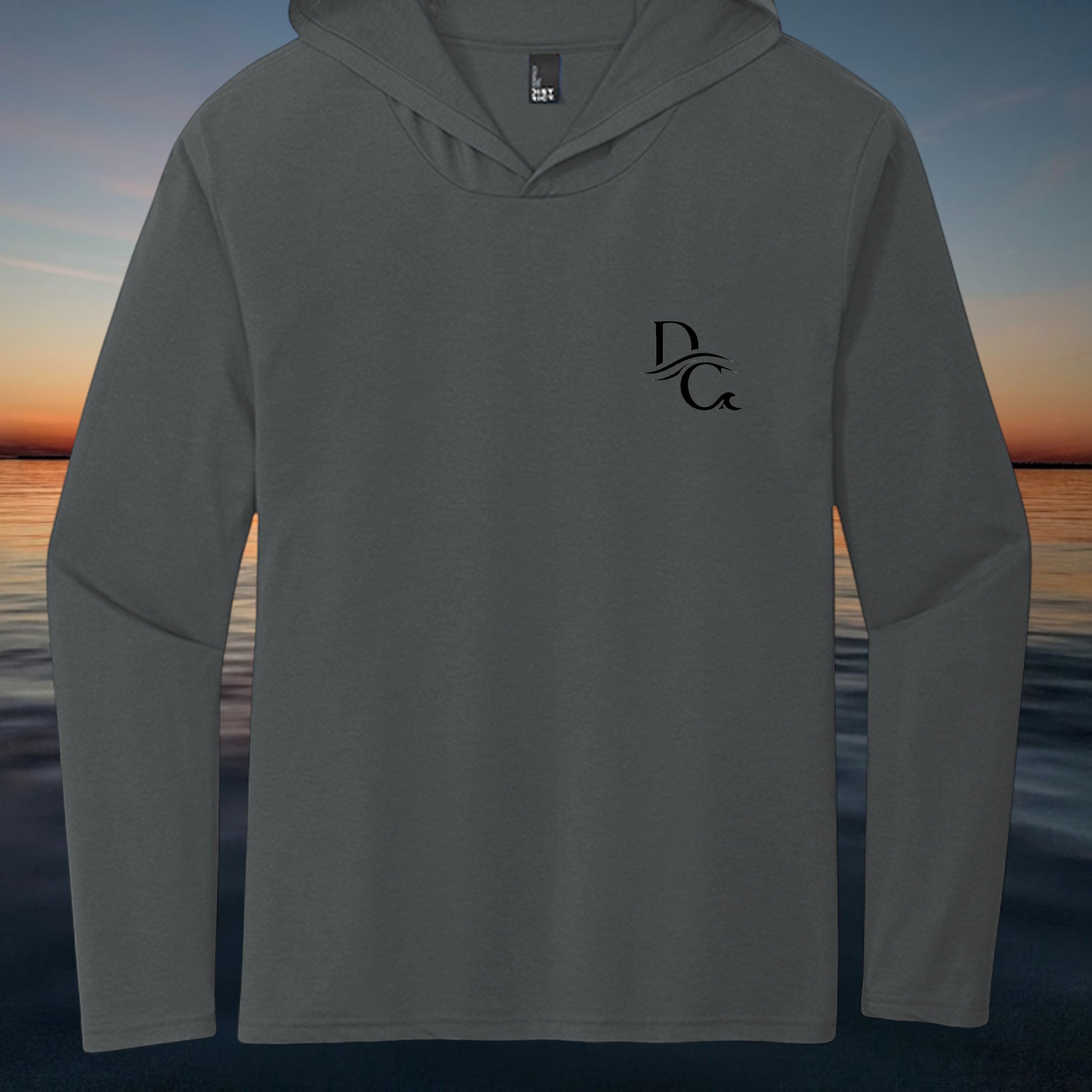 Deepwater Crew Co. dark grey tri-blend long-sleeve hooded tee with chest logo. Lightweight and breathable.