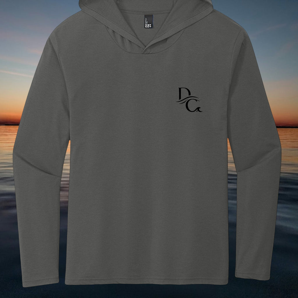 Deepwater Crew Co. dark grey tri-blend long-sleeve hooded tee with black logo on chest.