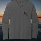Deepwater Crew Co. dark grey tri-blend long-sleeve hooded tee with black logo on chest.