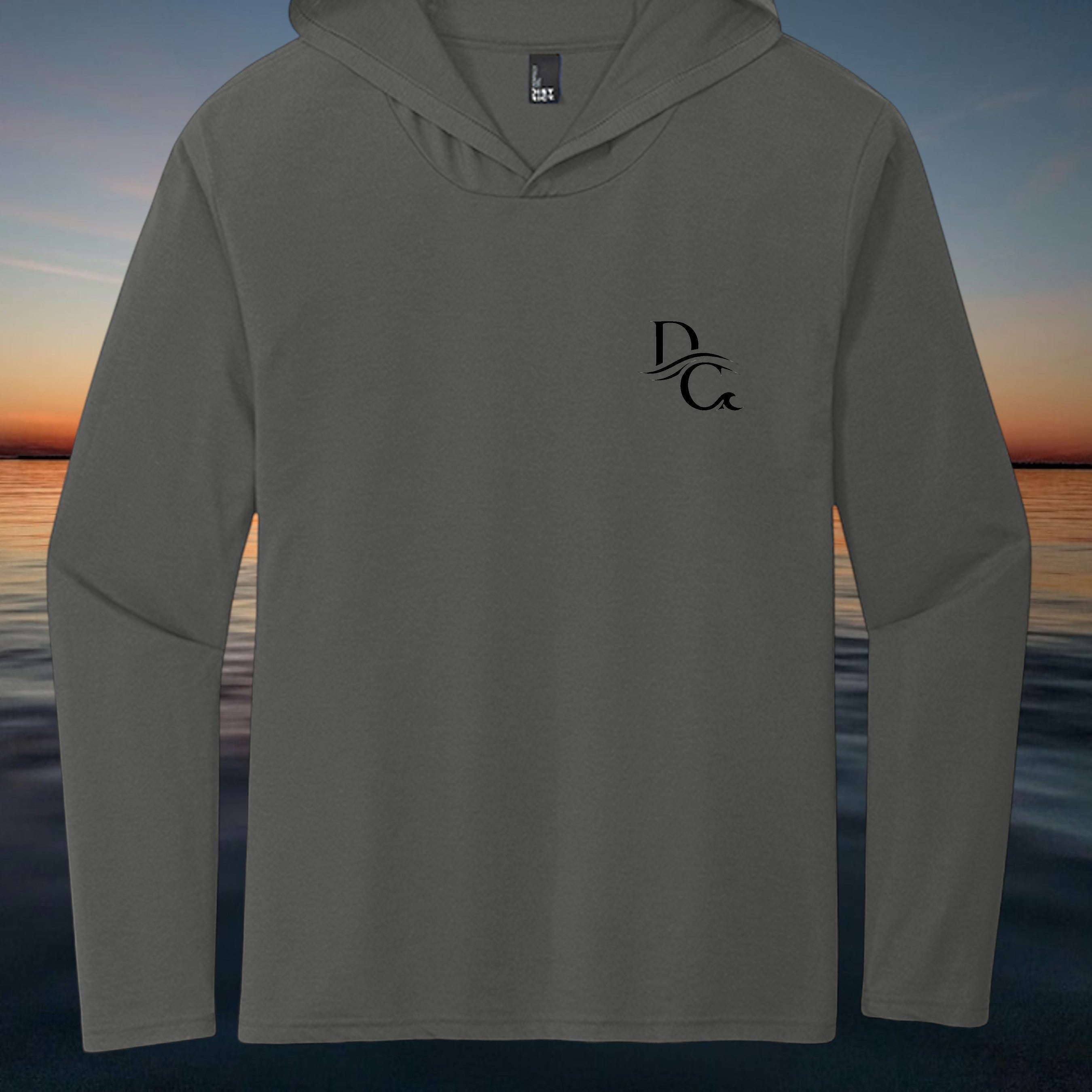 Deepwater Crew Co. dark grey tri-blend long-sleeve hooded tee with black logo on chest.