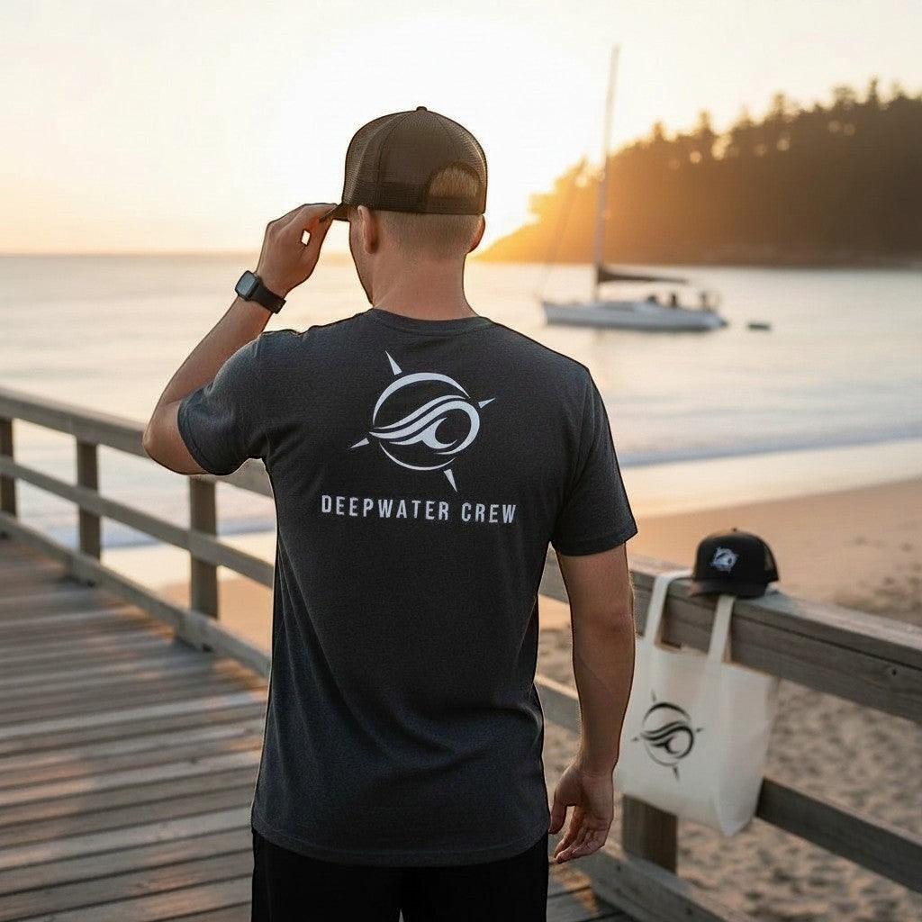 Deepwater Crew Co. dark grey crew neck t-shirt with white logo and text on back, worn by a man on a pier at sunset.
