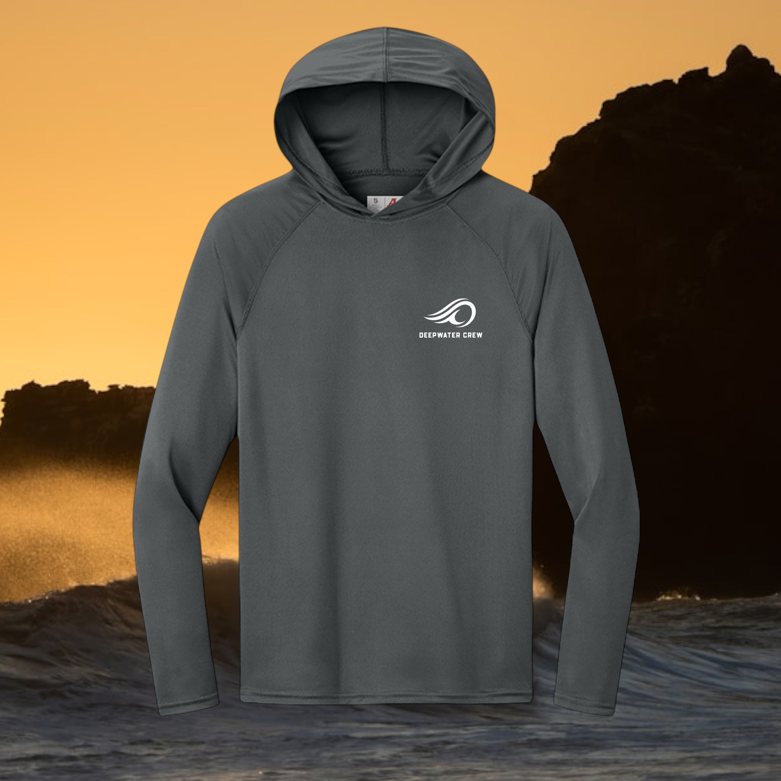 Deepwater Crew Co. dark grey long-sleeve performance hoodie with moisture-wicking fabric and UPF sun protection.